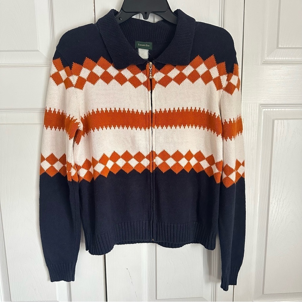 Vintage Eagles Eye Sweater Womens M Chevron Argyle Full Zip Pullover Knit Retro